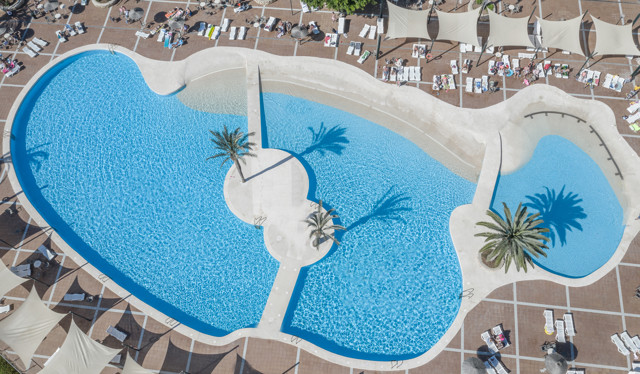 Pool overview at Club Cala Romani in Majorca, Spain