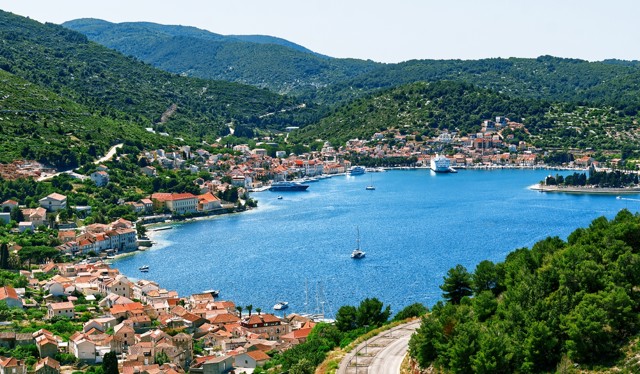 Island Of Vis Bay Aerial View, Dalmatia, Croatia. Europe Paradice Vis Island In Bay Of Adriatic Sea.