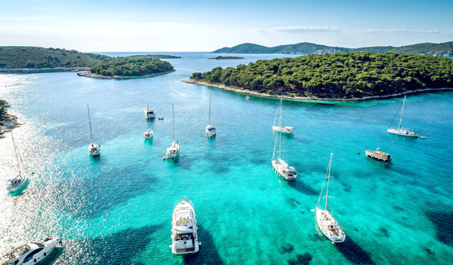Aerial View Of Paklinski Islands In Hvar, Croatia. Turquise Water Bays With Luxury Yachts And Sailing Boats