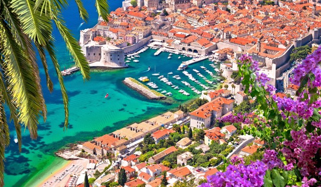 Town Of Dubrovnik Heritage Harbor View From Above, Dalmatia Region Of Croatia