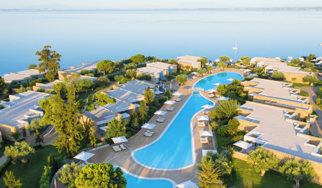 Aerial View of Ikos Olivia and Swimming Pools